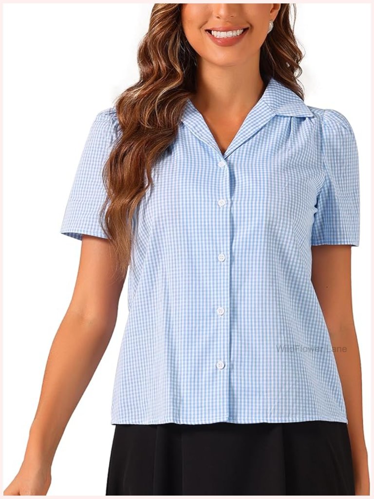 Short Sleeve Gingham Button Down Blouse - Regular Fit